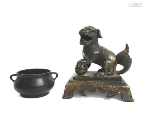 Burner with Xuande six-character mark but both 19th century A bronze incense burner and a lion-dog