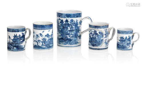18th century A very large blue and white tankard, and four similar tankards