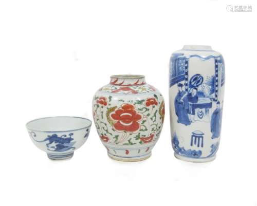 Kangxi and Wanli Two blue and white wares together with a wucai jar