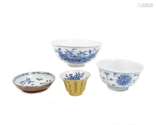 One with Guangxu six-character mark Two blue and white bowls, and a teabowl and saucer