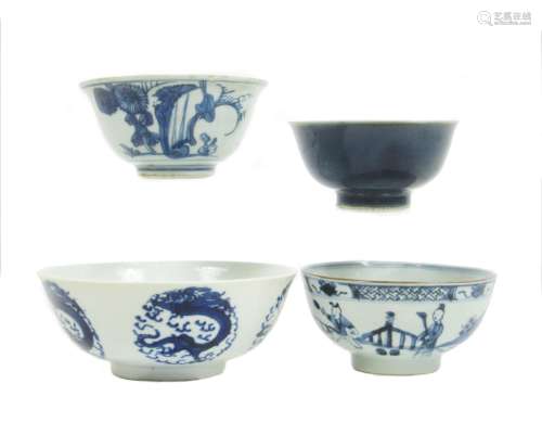17th to 19th century Four blue and white bowls