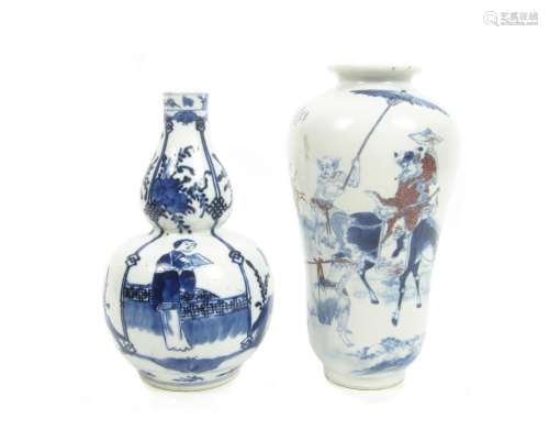 Kangxi marks but later A blue and white and copper red vase, and another vase