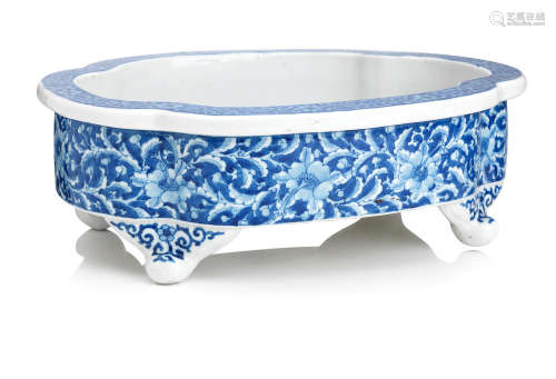 A blue and white planter