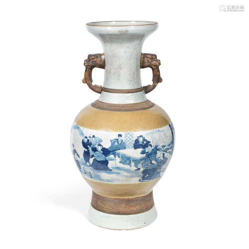 19th century A large blue and white and faux-bronze bottle vase
