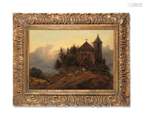 A hilly landscape with a church German School19th Century