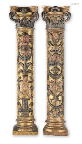 A pair of Spanish 16th century giltwood and polychrome decorated pilasters