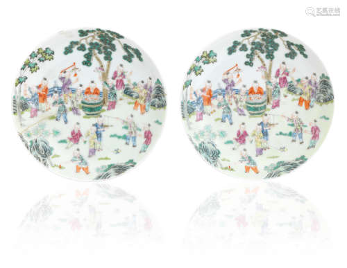 Shen de tang four-character marks, Qing Dynasty or later A pair of famille rose 'boys' saucer dishes