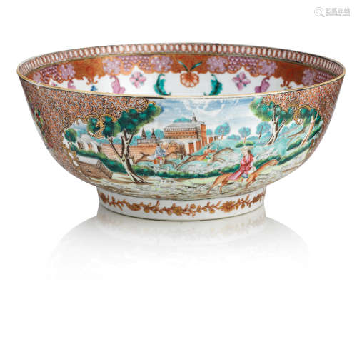 18th century A famille rose European 'hunt scene' punch bowl
