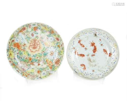 A millefiori saucer dish together with a famille rose plate