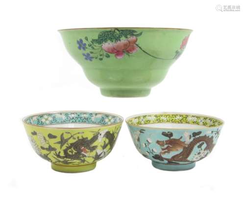 19th century Two Dayazhai-style bowls and a lime green bowl