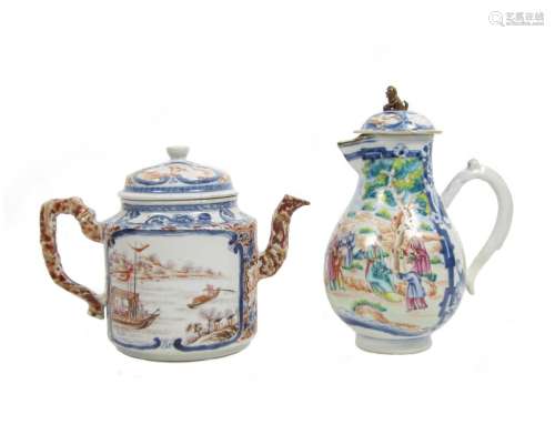 18th century An Imari tea pot and cover together with a famille rose ewer and cover