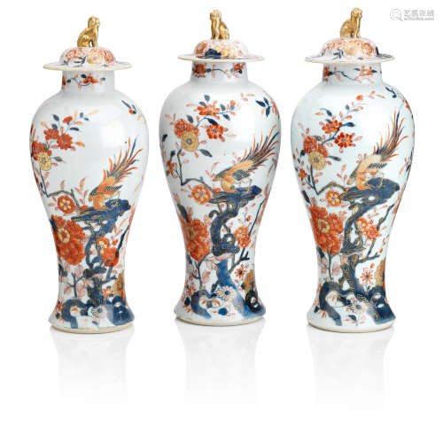 18th century A set of three Imari vases and covers