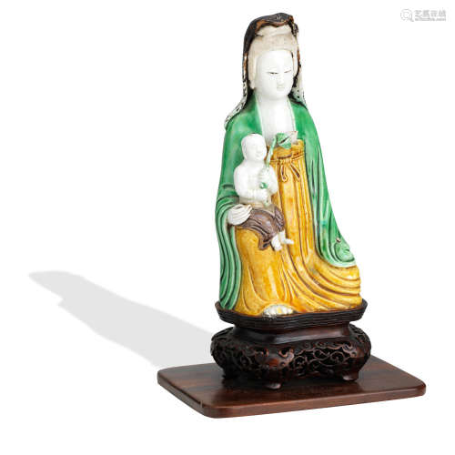 A famille verte biscuit figure of Guanyin