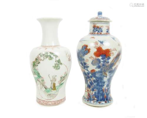 18th and 19th century An Imari vase and a cover together with a famille verte mallet-shaped vase