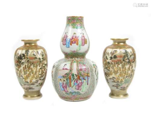 19th century An unusual Canton famille rose vase together with a pair of Satsuma vases