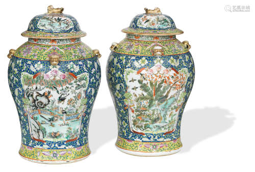 19th/20th century A pair of large 'Straits porcelain' famille rose vases and covers