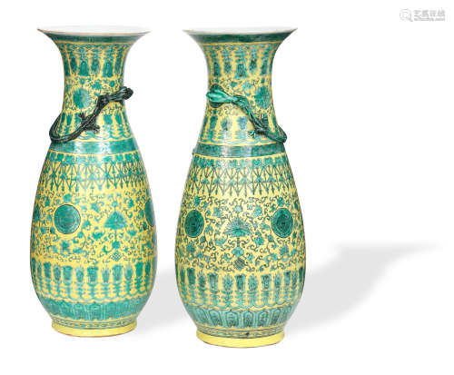 19th century A pair of large enamelled vases