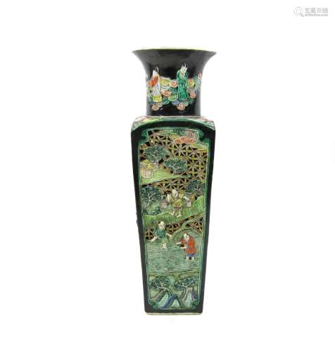 Kangxi six-character mark but 19th century A famille noire square-section vase