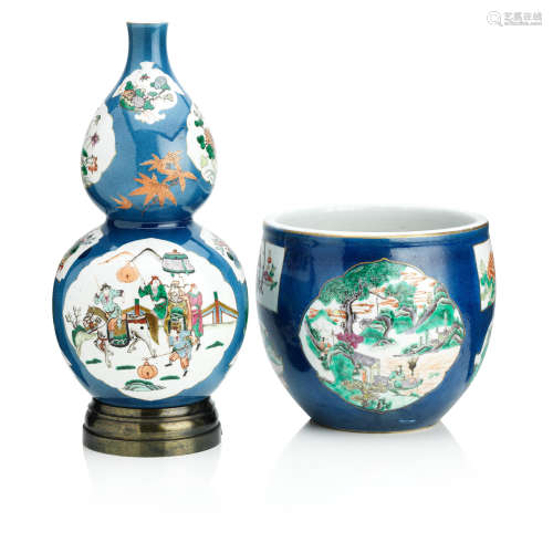 Both 19th century A double gourd-shaped powder-blue vase and similar jardinière