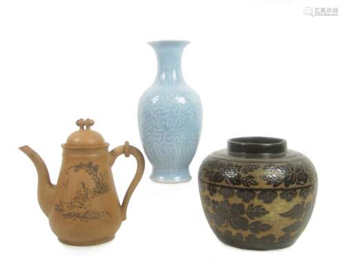 A clair-de-lune glazed vase together with a Cizhou-style vase and Yixing coffee pot and cover