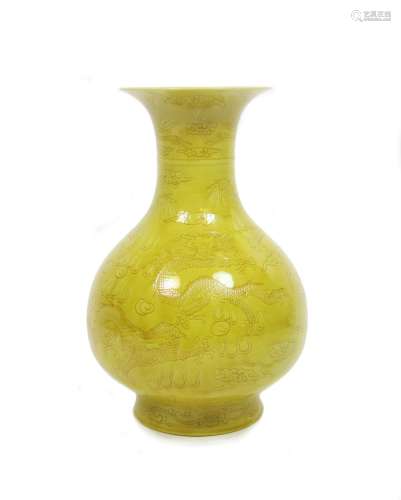 Incised Qing six-character reign mark, early 20th century A yellow-glazed vase