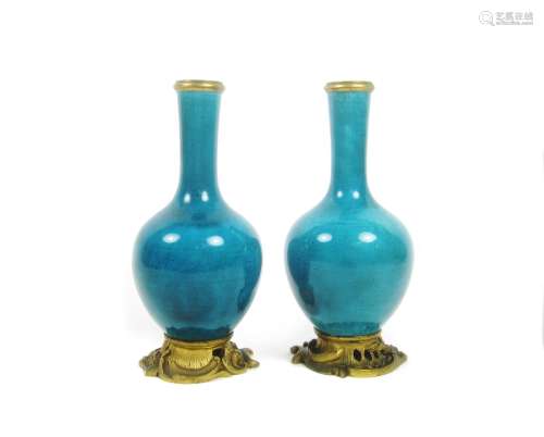 19th century A pair of gilt-bronze mounted turquoise vases