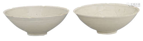 Two Chinese Qingbai petal-lobed bowls, the interior with floral incision, probably Song Dynasty period, H 7 - ø 20 cm  