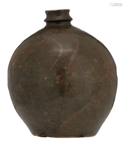 A Chinese Henan brown- blackish and russet glazed Song dynasty type jar of oval form with broad swelling shoulders and a short neck, with russet floral sprays decoration, possibly period, H 22 cm