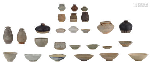 Various Chinese and Southeast Asian Song-Yuan style bowls, dishes, pots and jarlets in various glazing such as brown, celadon, or qingbai, some possibly period, H 14 (tallest pot) - ø 14 (largest pot) - 16 cm (largest bowl)