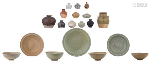 Various Chinese and Southeast Asian Song-Yuan style bowls, plates, pots and jarlets, some in brown glazing, some Longquan celadon ware, some Qingbai ware, some possibly period, H 14 (tallest pot) - ø 14 (largest pot) - 16 cm (largest bowl) 