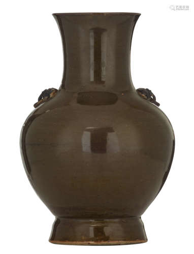 A Chinese tea dust glazed baluster shaped vase, the handles ruyi shaped, with an impressed mark, H 33 cm