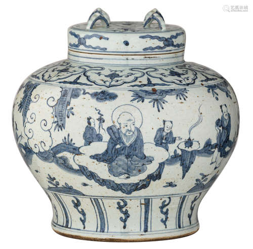 A large Chinese Ming style blue and white jar and cover, the body decorated with the Immortals and the shoulder with flowers and ruyi lappets, H 36,5 - ø 36,5 cm