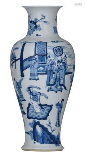 A Chinese Kangxi style blue and white baluster shaped vase, decorated with a continuous scene of a festive banquet in court with musicians and a dancer, with a Kangxi mark, H 42 cm