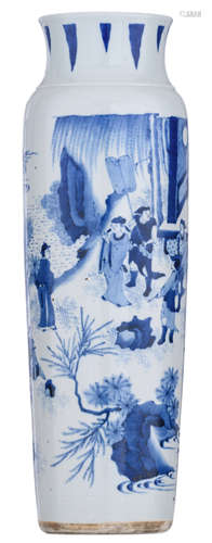 A Chinese Transitional period blue and white cylindrical vase with incised details, decorated with a scene in a landscape of 'a scholar paying a visit to his friend', H 47,5 cm 