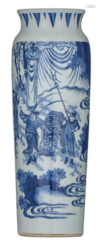 A Chinese Transitional type blue and white rouleau vase, decorated with a scene with the Immortals and a general, standing in front of a tiger, H 45,5 cm