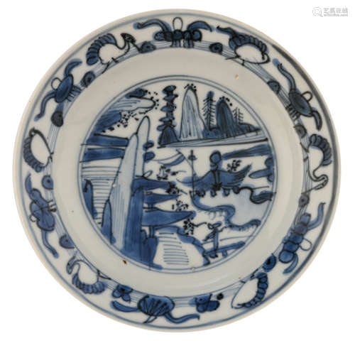 A Chinese blue and white Kraak porcelain dish, decorated with a mountainous landscape, ø 15 cm    