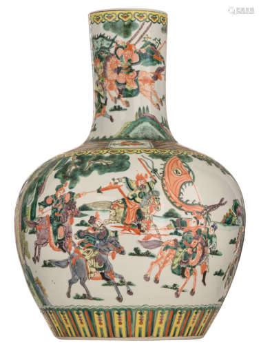 A Chinese famille verte tianqiuping, decorated with a continuous warrior scene, the shoulder with lingzi and peaches, with a Kangxi red mark, H 61 cm
