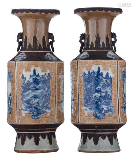 A pair of Chinese stoneware vases, the roundels blue and white decorated with figures in a mountainous landscape, a deer and a crane in a lotus pond, the neck encircled with petals and paired with Taotie mask handles, with an impressed mark, H 59,5 - 61,5 cm