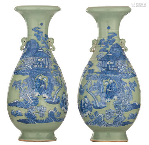 A pair of celadon ground begonia shaped vases, blue and white decorated with a scene from 'The Romance of the Western Chamber', paired with elephant's head handles, H 60 - 60,5 cm 