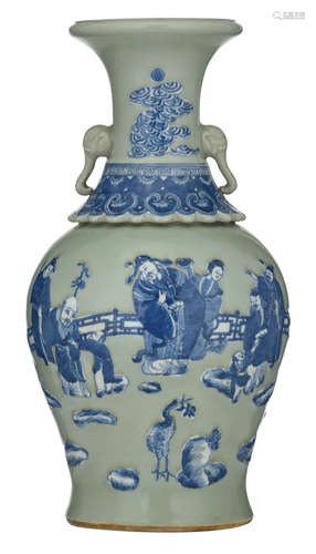 A Chinese celadon ground baluster shaped vase, blue and white decorated with the Immortals in a fenced garden, the neck finished by a lobed skirt, painted with ruyi lappets and paired with elephant's head handles, H 40 cm