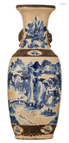 A Chinese blue and white stoneware vase, decorated with a mountainous river landscape, with Taotie-head handles, H 58 cm 