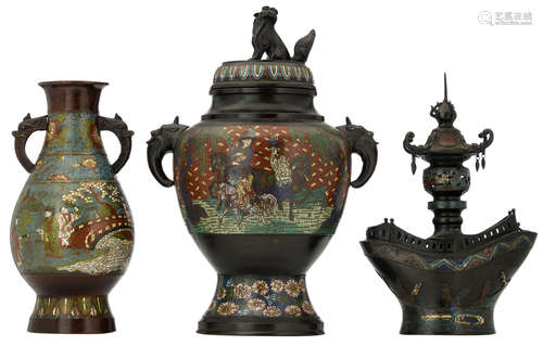 Two Oriental champlevé enamel bronze vases, decorated with figures, riding on horseback, figures in a mountainous river landscape and lotus scrolls, with mythical beasts shaped handles; added: a ditto incense burner, shaped like a boat, carrying a pagoda, H 47 - 59 - W 32 - D 16 cm