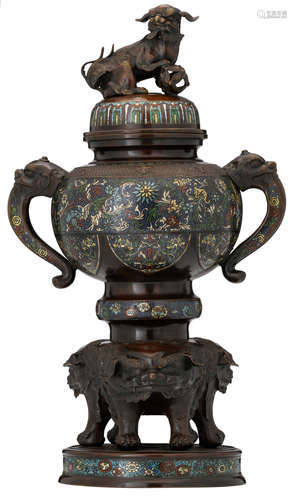 A large Oriental champlevé enamel bronze incense burner, carried by Fu lions, decorated with flower designs, with a seated kylin on the cover and mythical beasts shaped handles, H 77 cm 