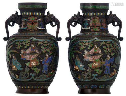 Two Oriental bronze champlevé vases, the panels decorated with figures, observing a beauty, playing the qin, with mythical beast's head handles, H 37,5 cm    