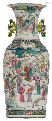 A Chinese famille rose double decorated vase, one side with a scene from 'the Romance of the Three Kingdoms', the other side with peacocks, birds and flower branches, H 58,5 cm