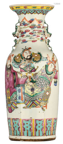 A Chinese famille rose vase, decorated with the heroes from the Three Kingdoms: Liu Bei, Guan Yu and Zhang Fei, the handles Fu lions shaped, H 60 cm