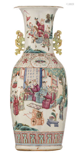 A Chinese famille rose vase, decorated with a continuous scene of high officials in court, paired with finely shaped dragon handles, H 61 cm 