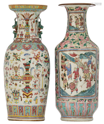 Two Chinese famille rose vases, one vase decorated with a scene from 'The Romance of The Three Kingdoms', the other vase with the one hundred antiquities, H 60,5 - 61,5 cm 