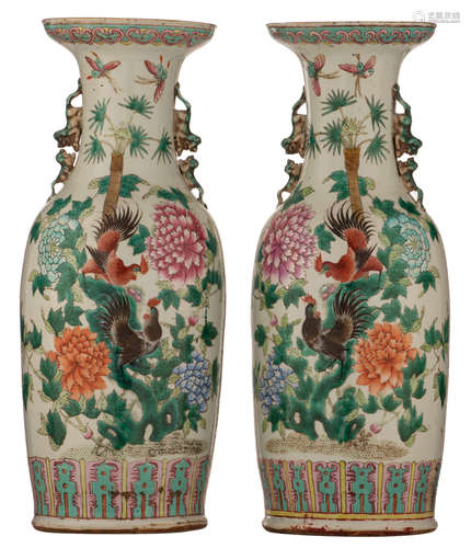 A pair of Chinese famille rose vases, decorated with a pair of cockerels and birds on flower branches, with Fu lion handles, H 58,5 - 59 cm 