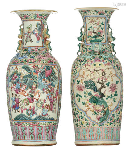 Two Chinese famille rose floral decorated vases, one vase decorated with a scene from 'The Romance of The Three Kingdoms', the other vase decorated with birds on flower branches, both vases with Fu lion handles and the shoulder encircled with chilongs, H 61,5 - 62,5 cm